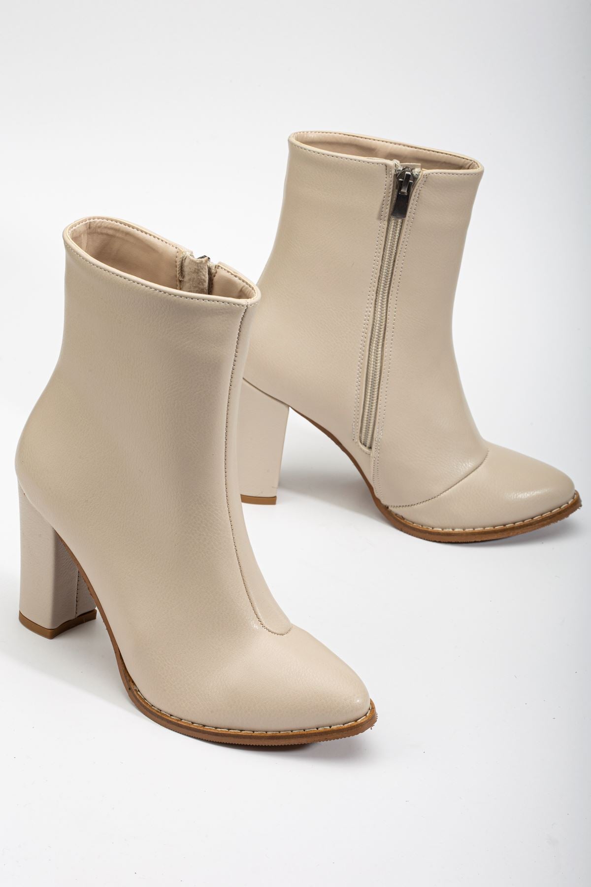 Women's Beige Skin Pointed Toe Zippered Thick Heel Boots - STREETMODE ™