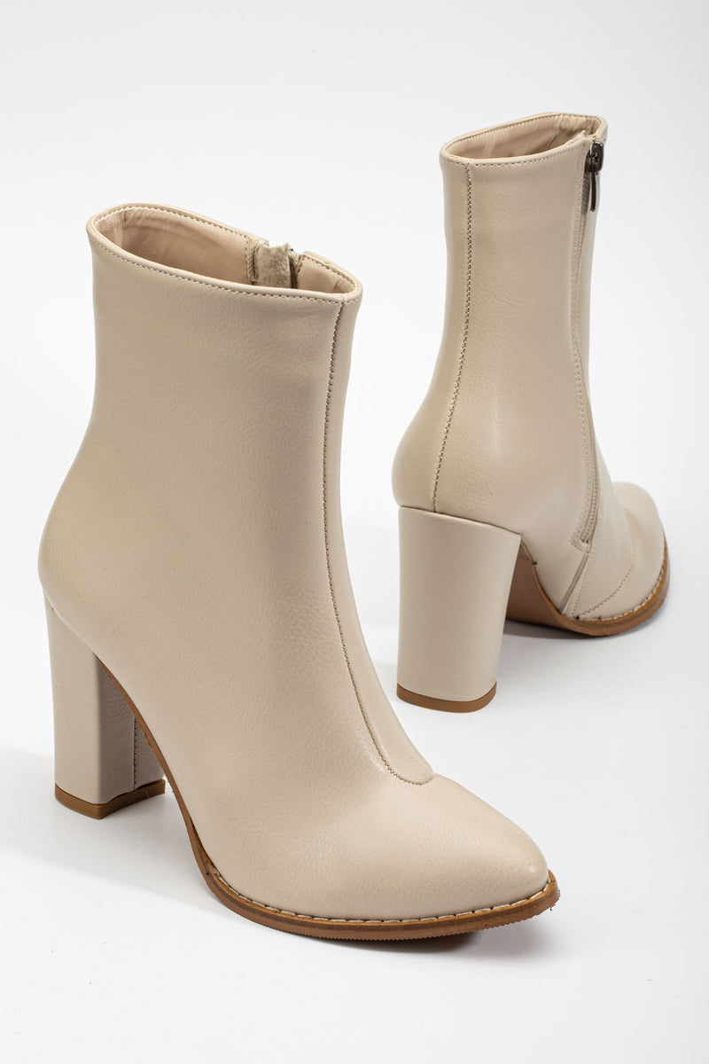 Women's Beige Skin Pointed Toe Zippered Thick Heel Boots - STREETMODE ™