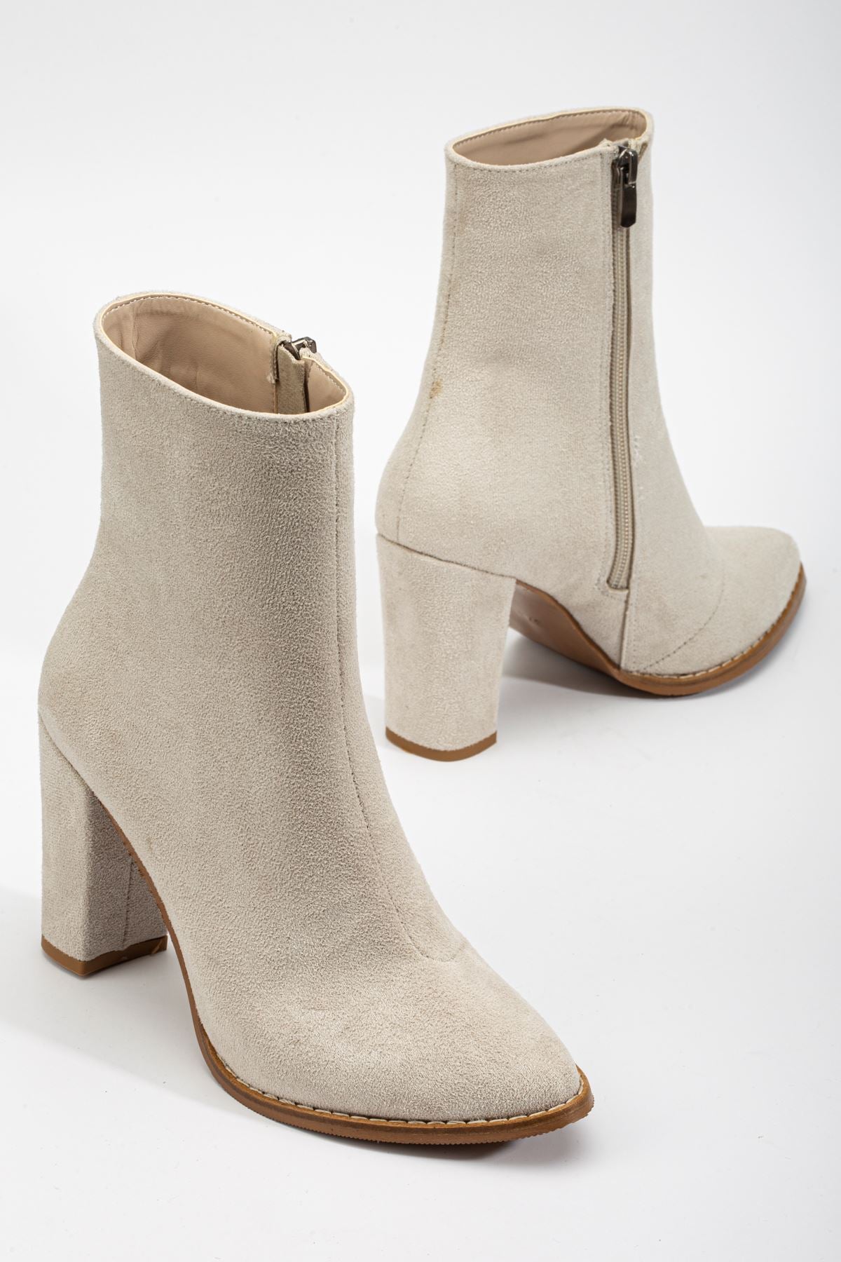 Women's Beige Suede Pointed Toe Zippered Chunky Heel Boots - STREETMODE ™