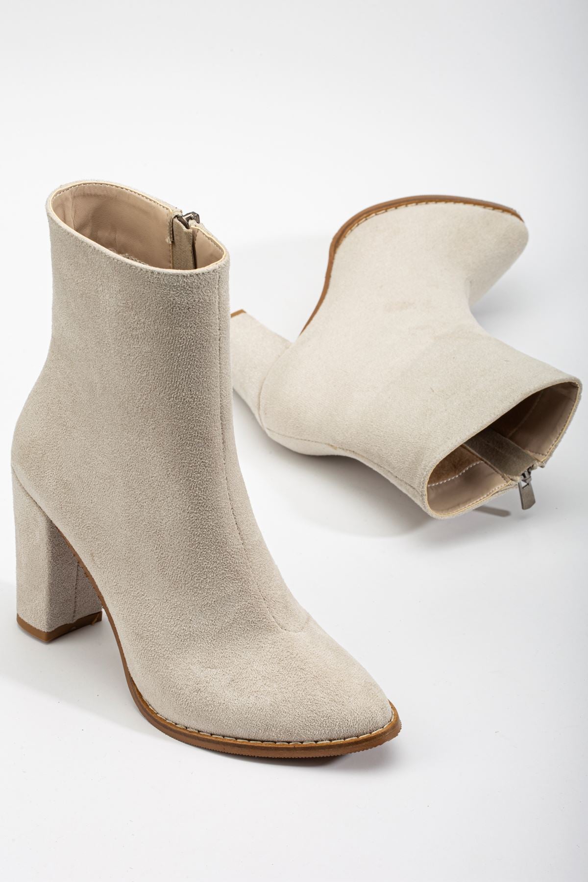 Women's Beige Suede Pointed Toe Zippered Chunky Heel Boots - STREETMODE ™