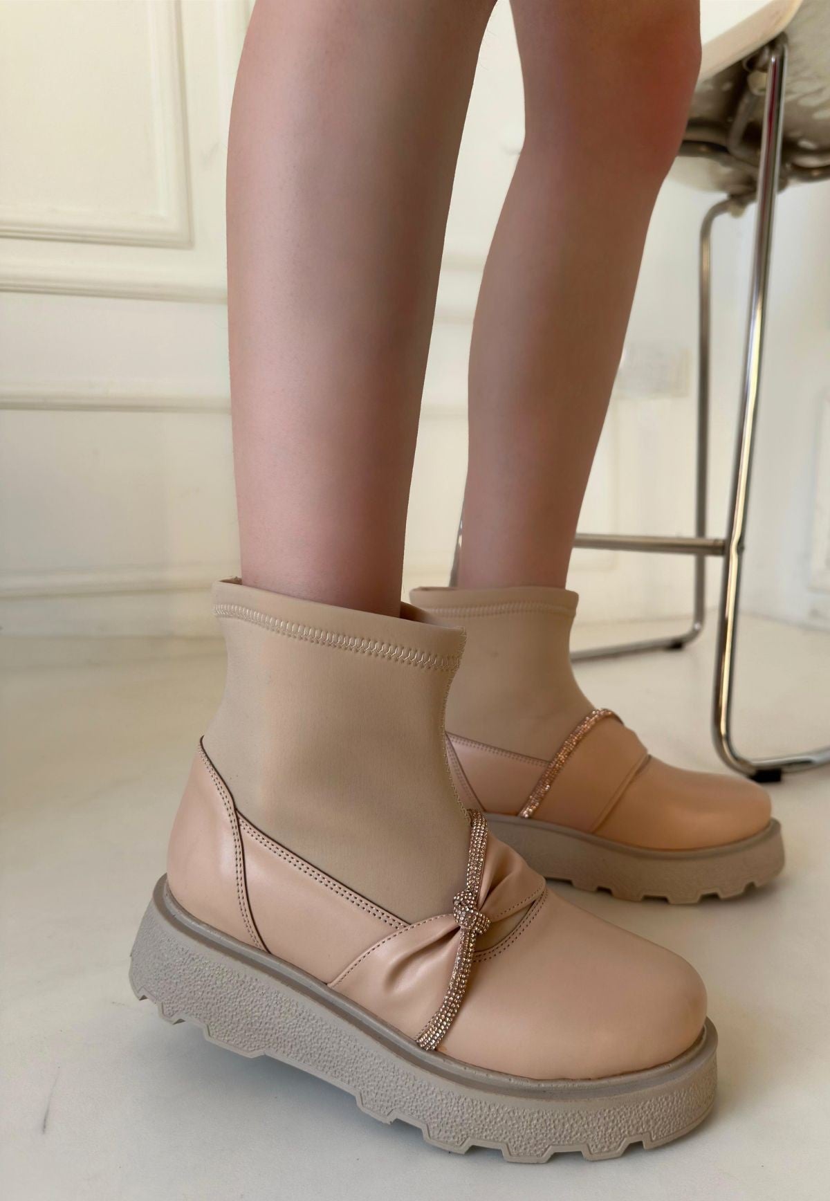 Women's Beige Leather Heeled Boots - STREETMODE ™