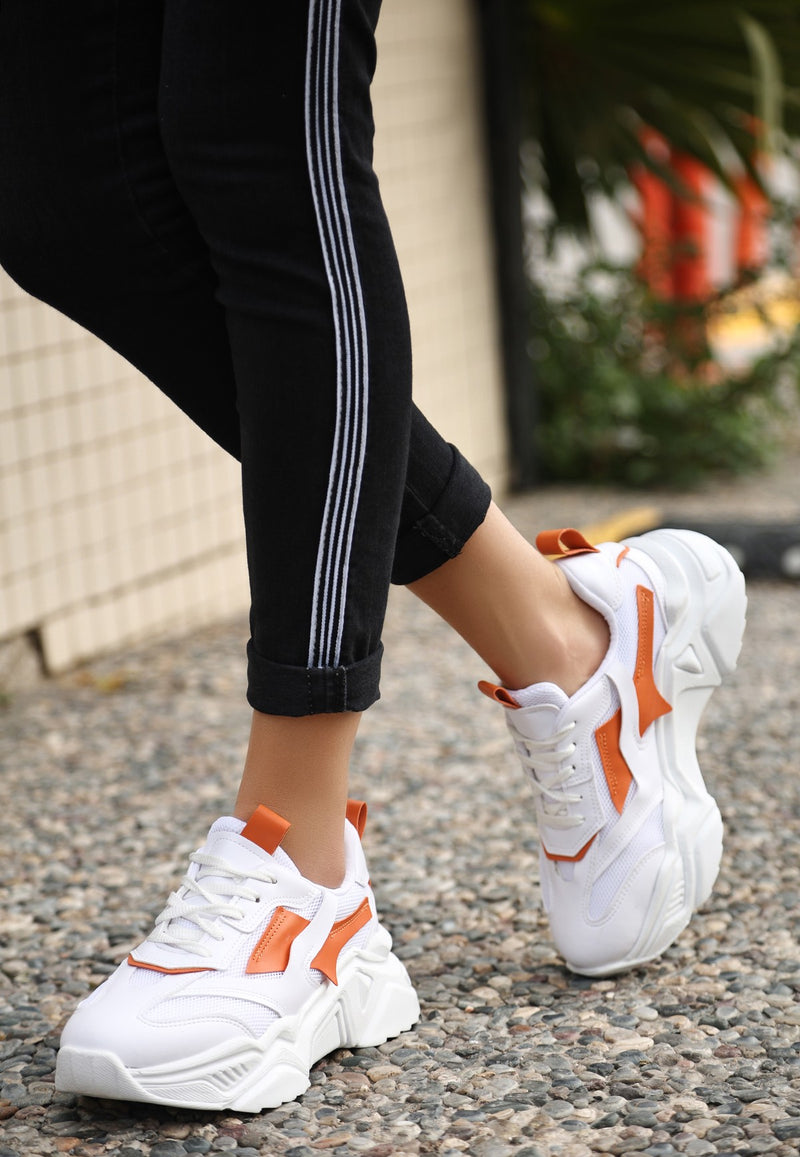 Women's White Skin Orange Detailed Lace Up Sneakers - STREETMODE ™