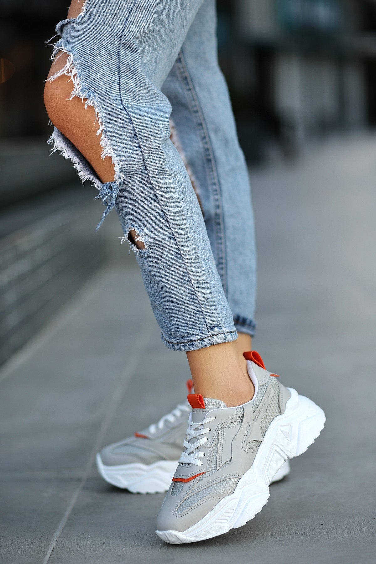 Women's Gray Leather Lace-Up Sports Shoes - STREETMODE ™