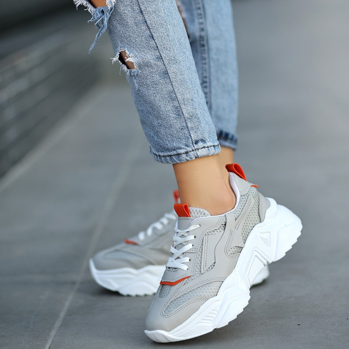 Women's Gray Leather Lace-Up Sports Shoes - STREETMODE ™