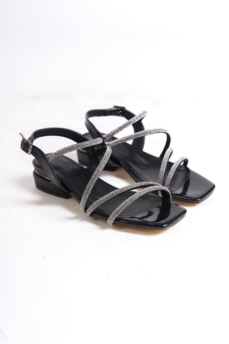 Dilan Women's Stone Striped Open Back Black Heeled Shoes - STREETMODE ™