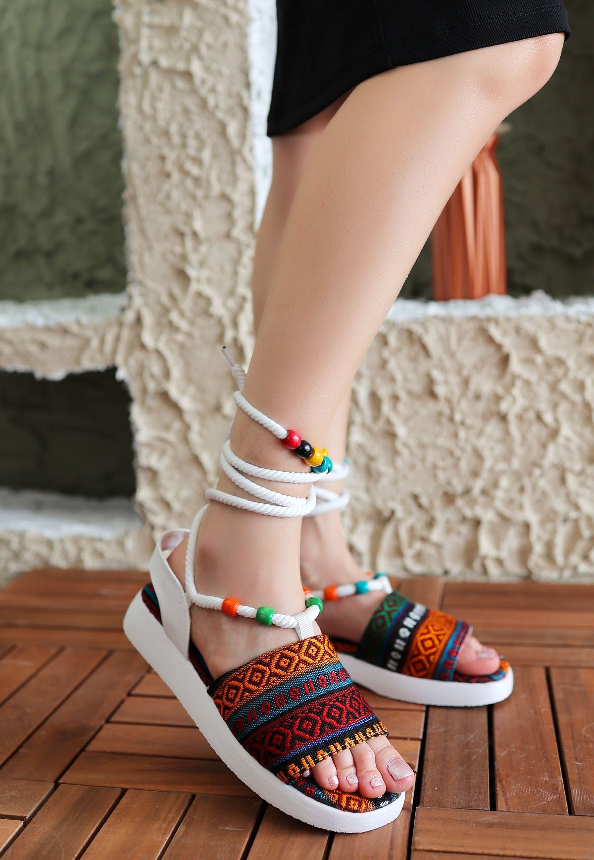 Women's White Kilim Patterned Ankle Sandals - STREETMODE ™