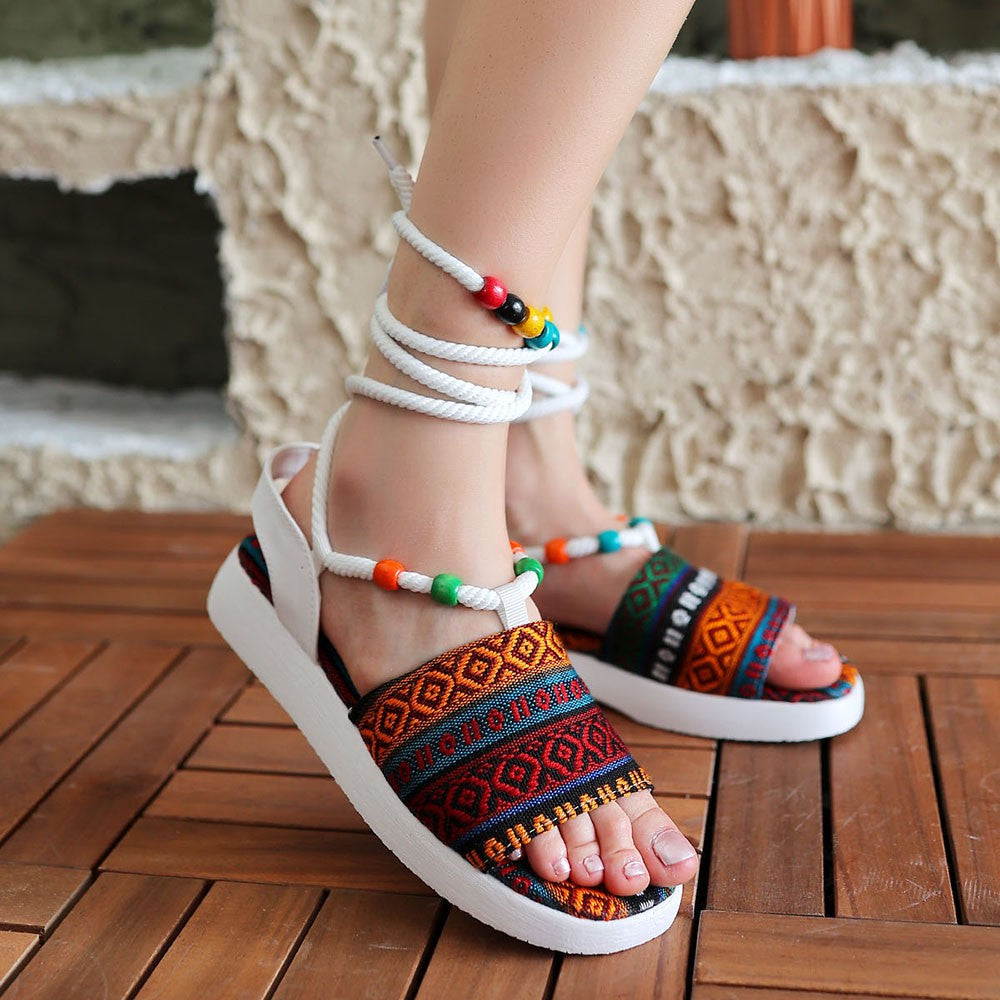 Women's White Kilim Patterned Ankle Sandals - STREETMODE ™