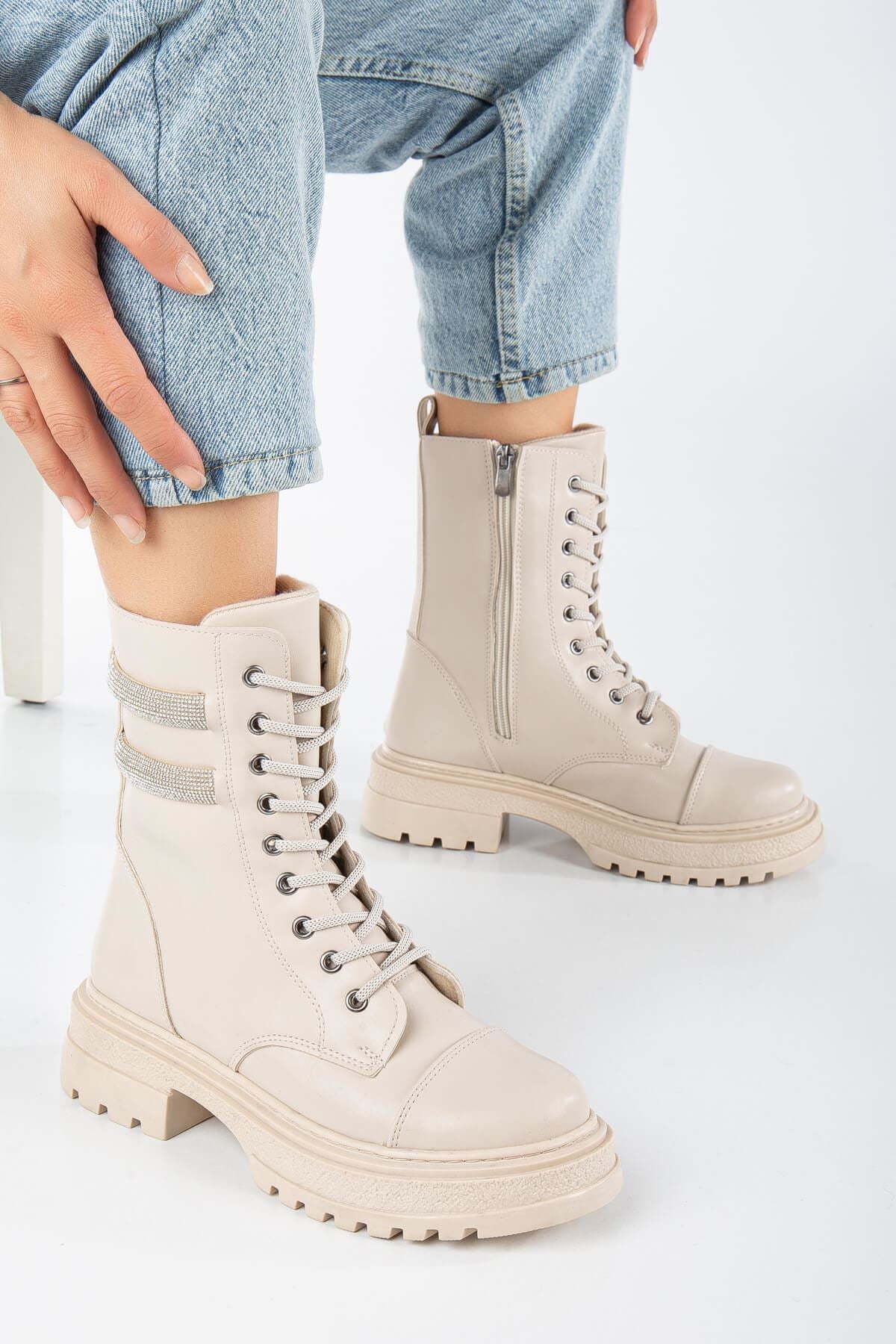 Cream Skin Stone Detailed Lace-Up Women's Boots