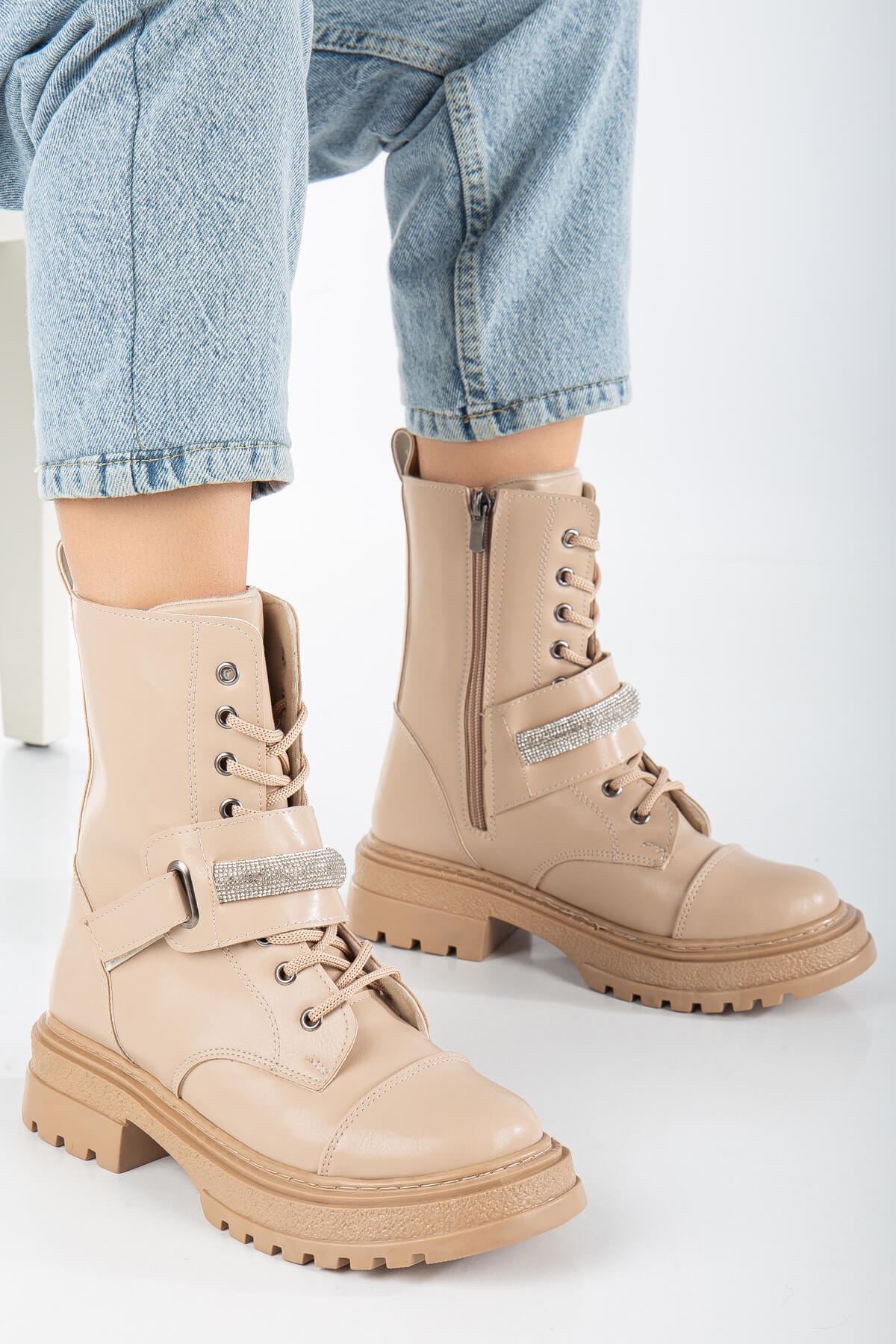 Nude Skin Stone Detailed Lace-Up Women's Boots