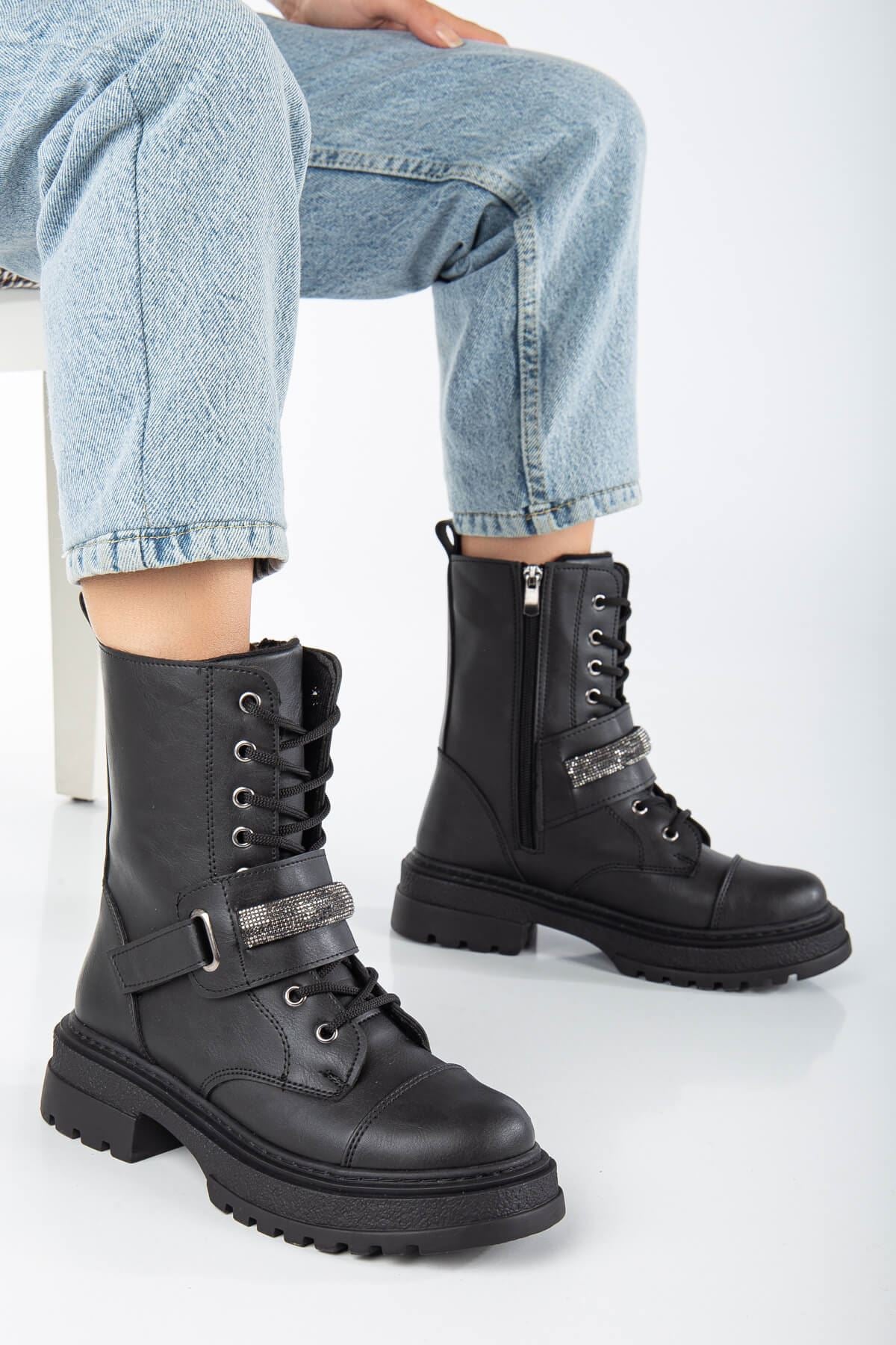 Black Leather Stone Detailed Lace-Up Women's Boots