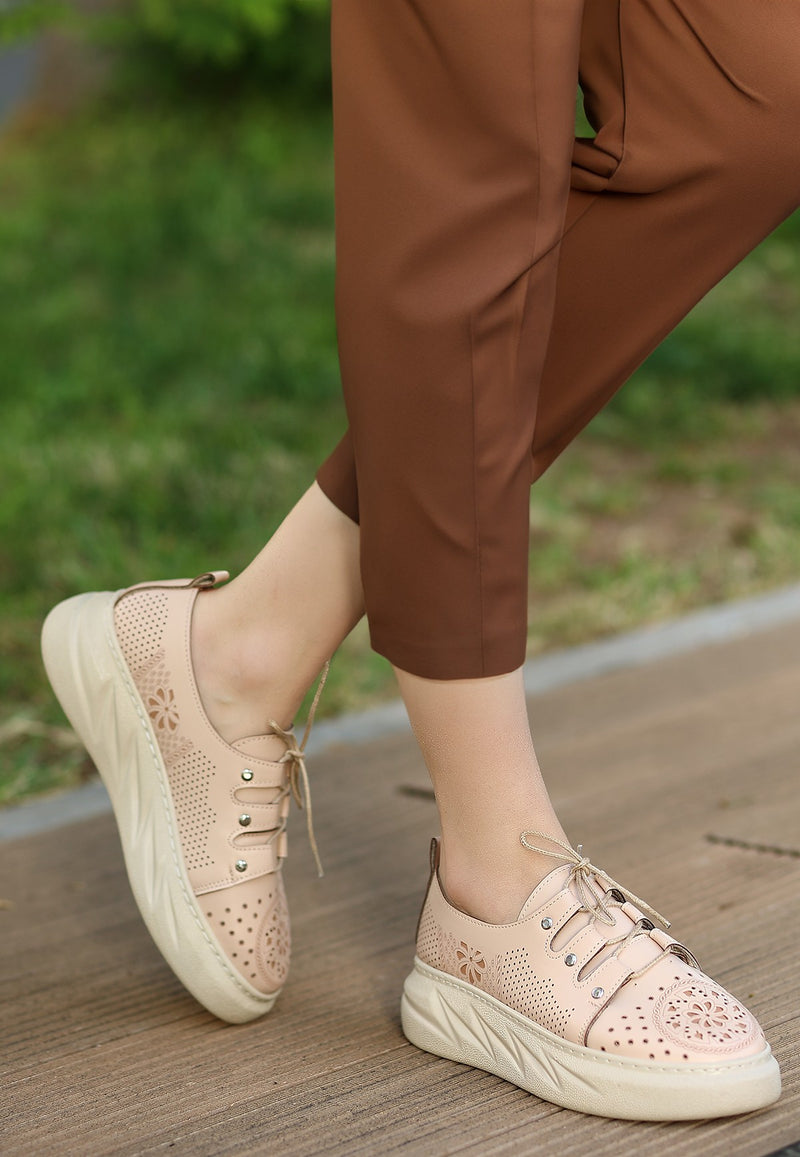 Women's Down Nude Leather Laced Sports Shoes - STREETMODE ™