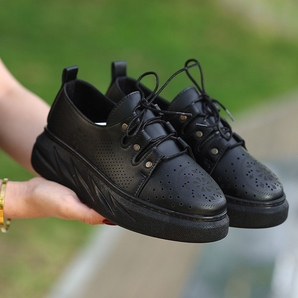 Women's Down Black Leather Lace-Up Sports Shoes - STREETMODE ™