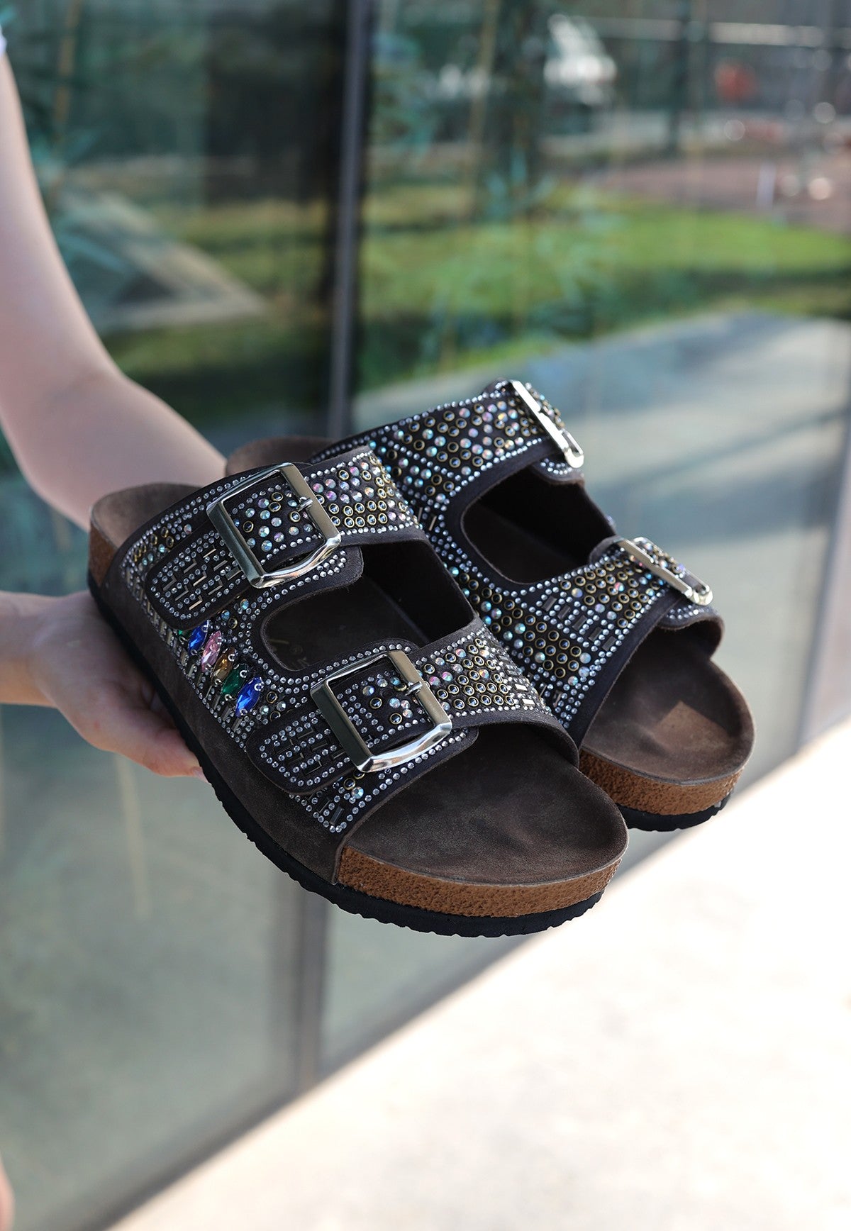 Women's Brown Nubuck Bead Embroidered Slippers - STREETMODE ™