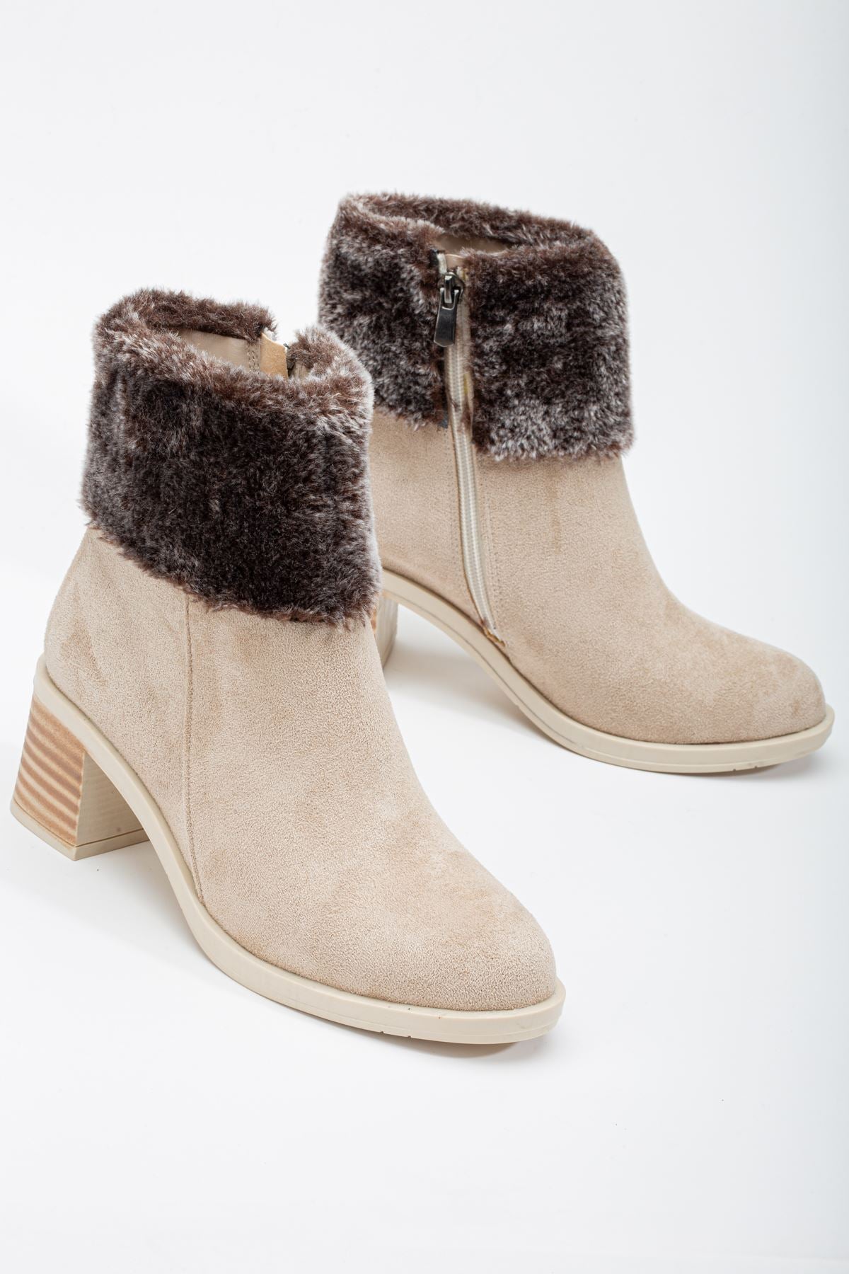 Beige Furry Women's Heeled Boots