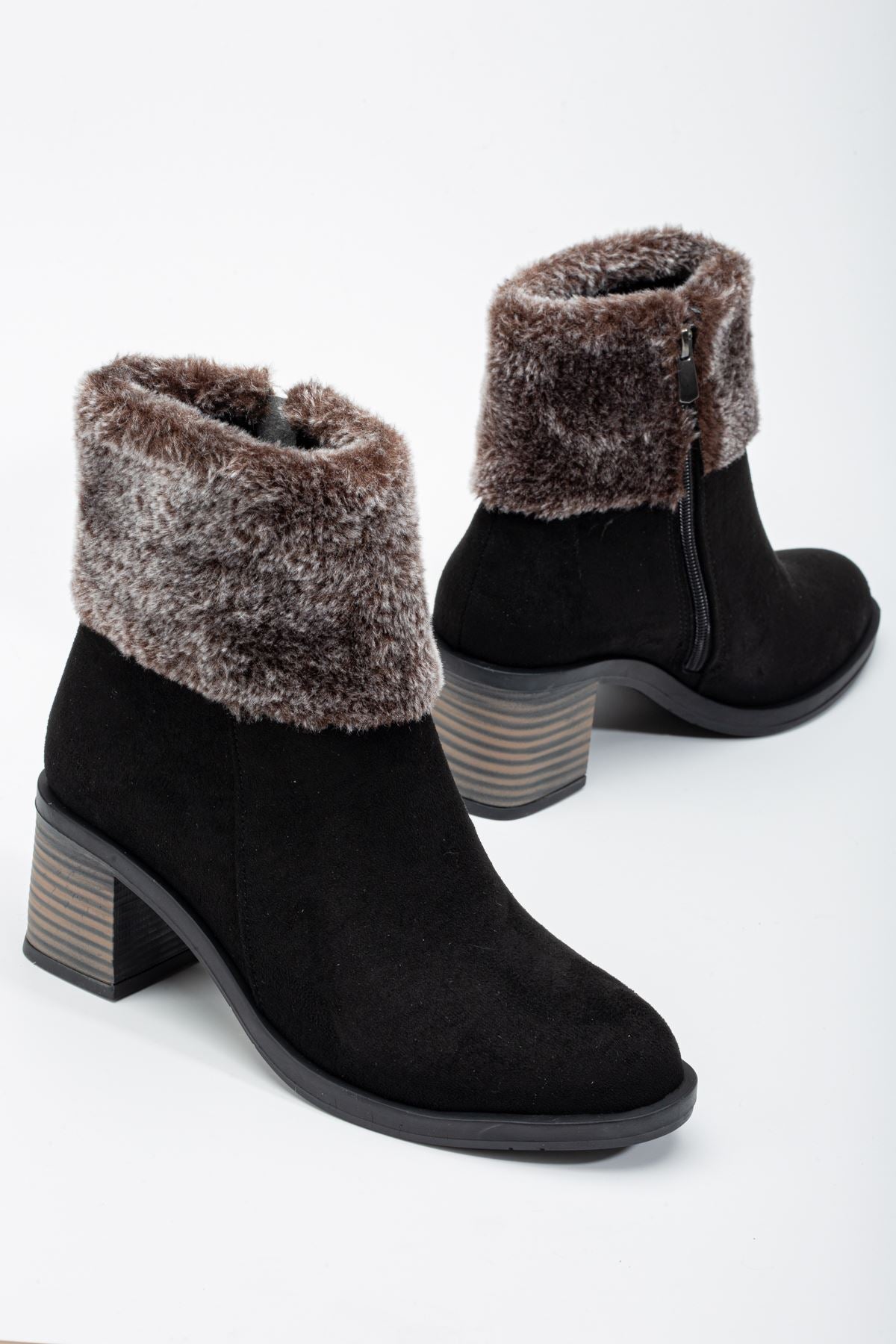 Black Furry Women's Heeled Boots