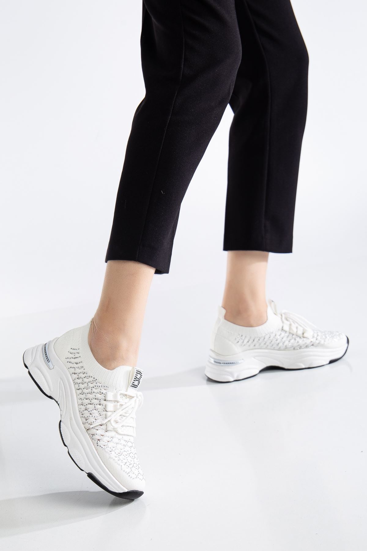 Women's White Knit Lace-Up High Heel Comfortable Sneaker