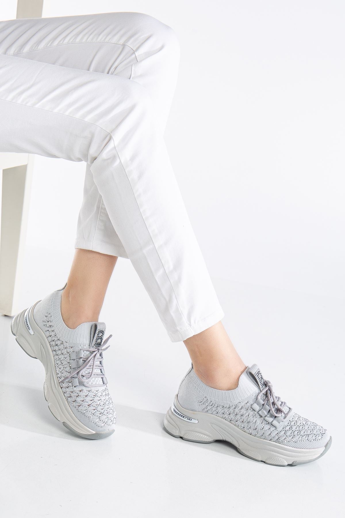 Women's Grey Knit Lace-Up High Heel Comfortable Sneaker