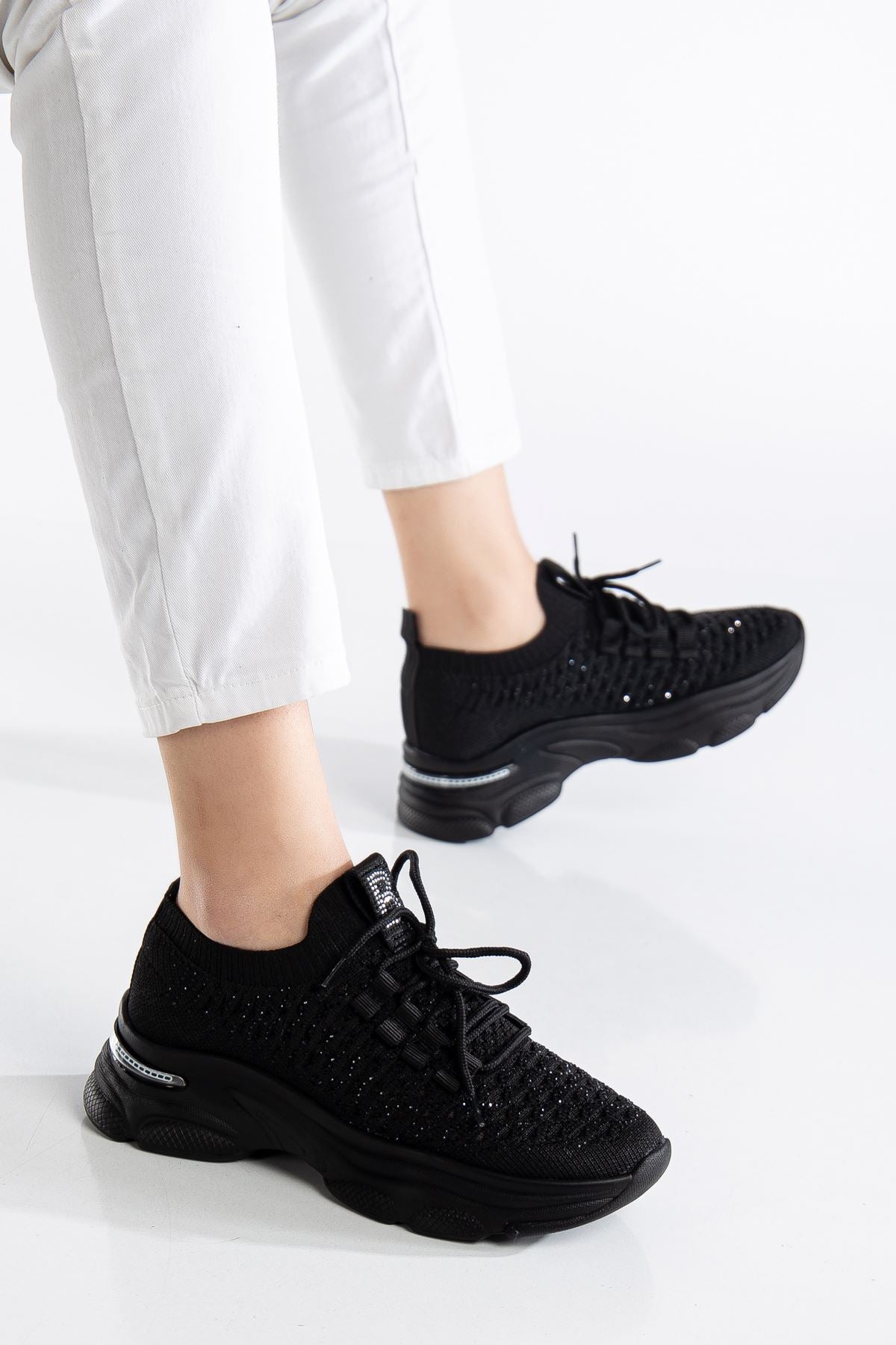 Women's Black Knit Lace-Up High Heel Comfortable Sneaker