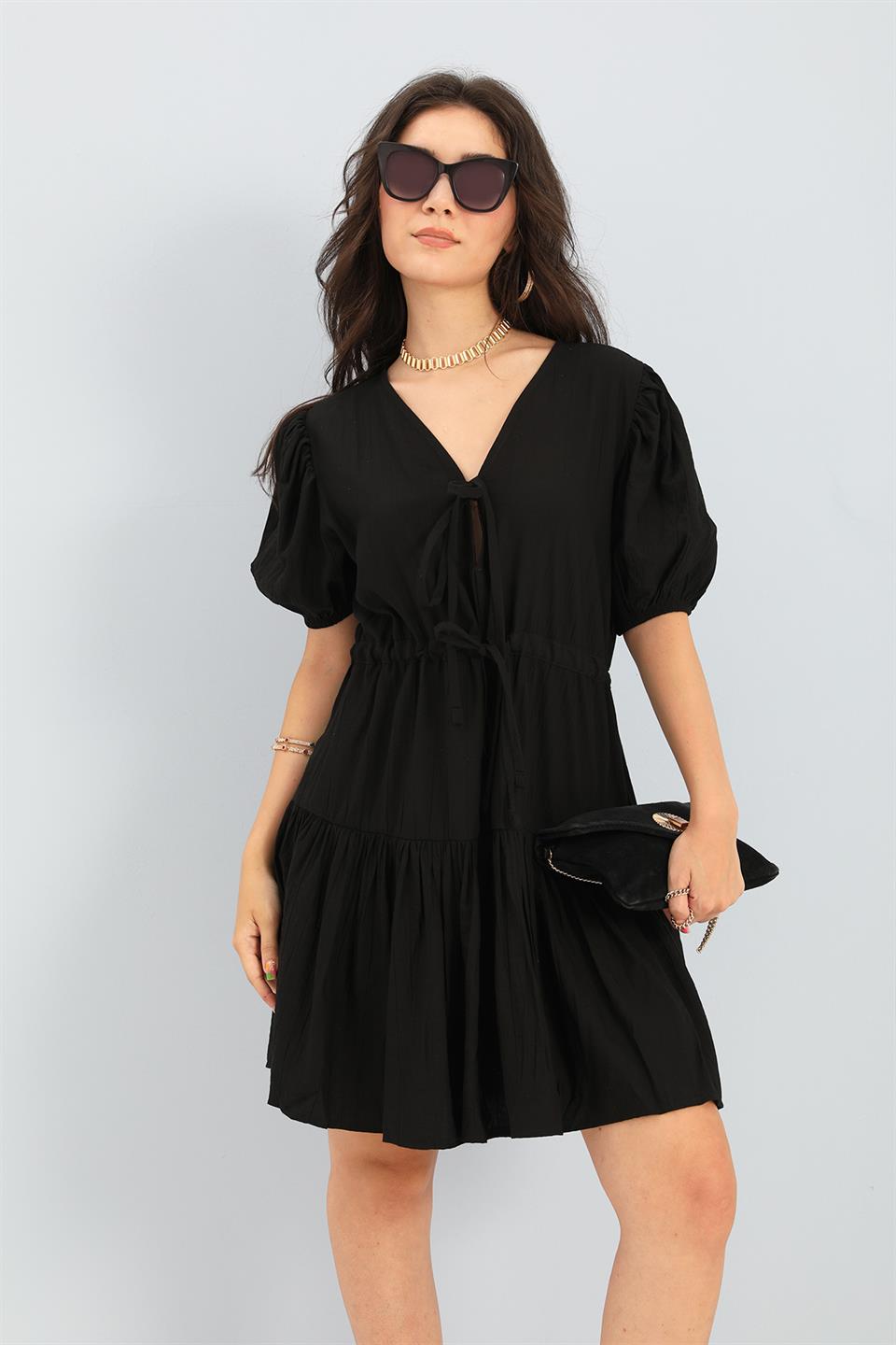 Women's Dress Balloon Sleeve Waist Pleated - Black - STREET MODE ™