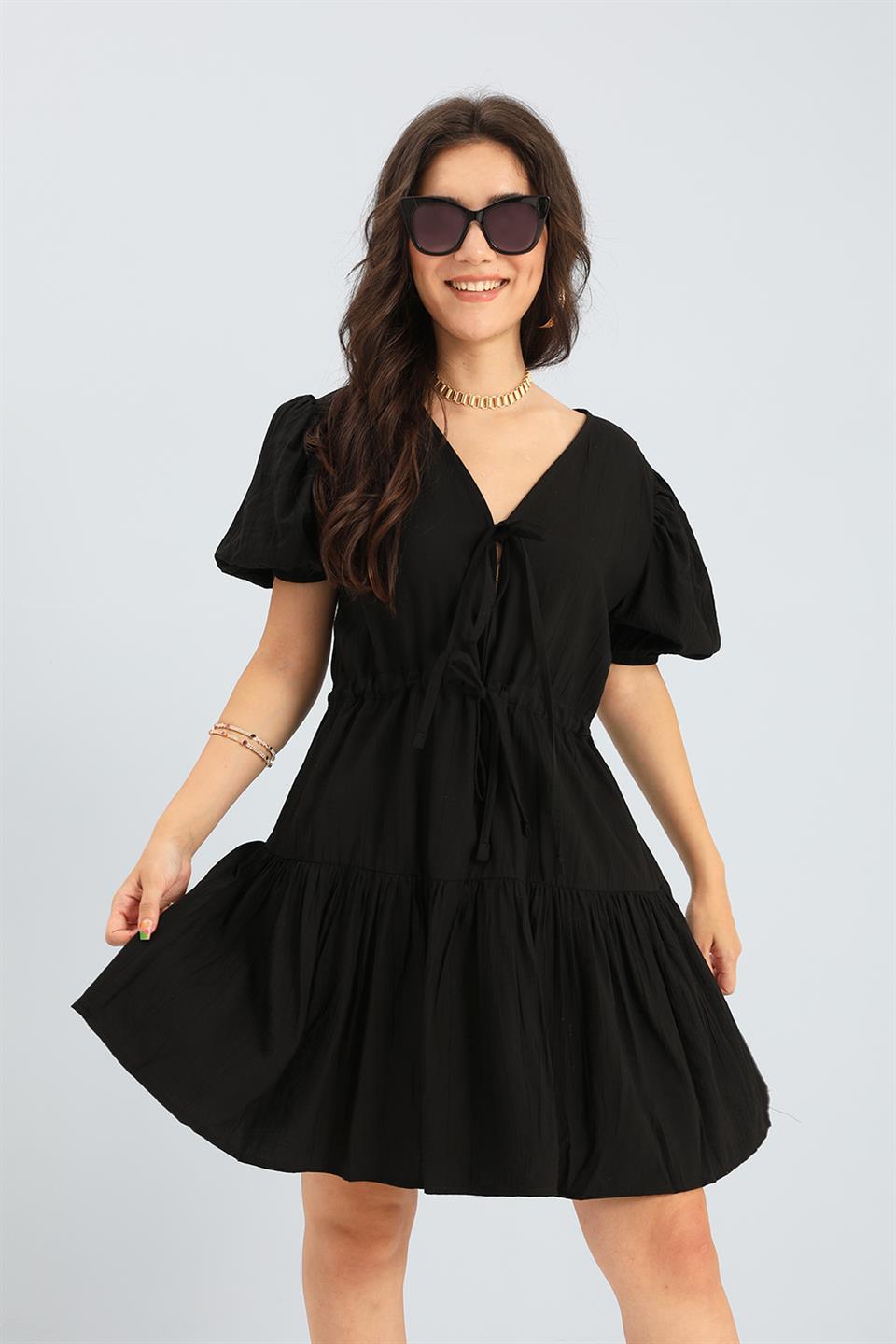 Women's Dress Balloon Sleeve Waist Pleated - Black - STREET MODE ™