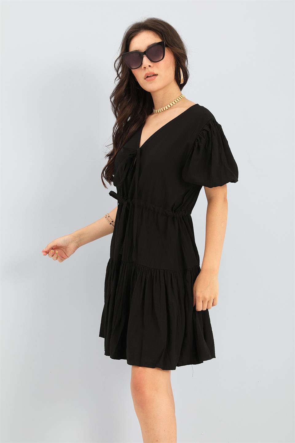 Women's Dress Balloon Sleeve Waist Pleated - Black - STREET MODE ™