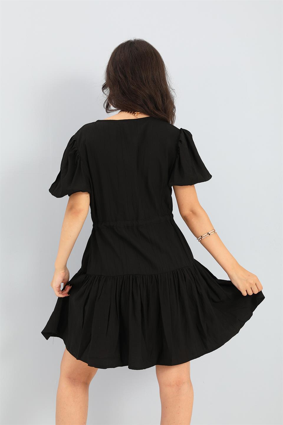 Women's Dress Balloon Sleeve Waist Pleated - Black - STREET MODE ™