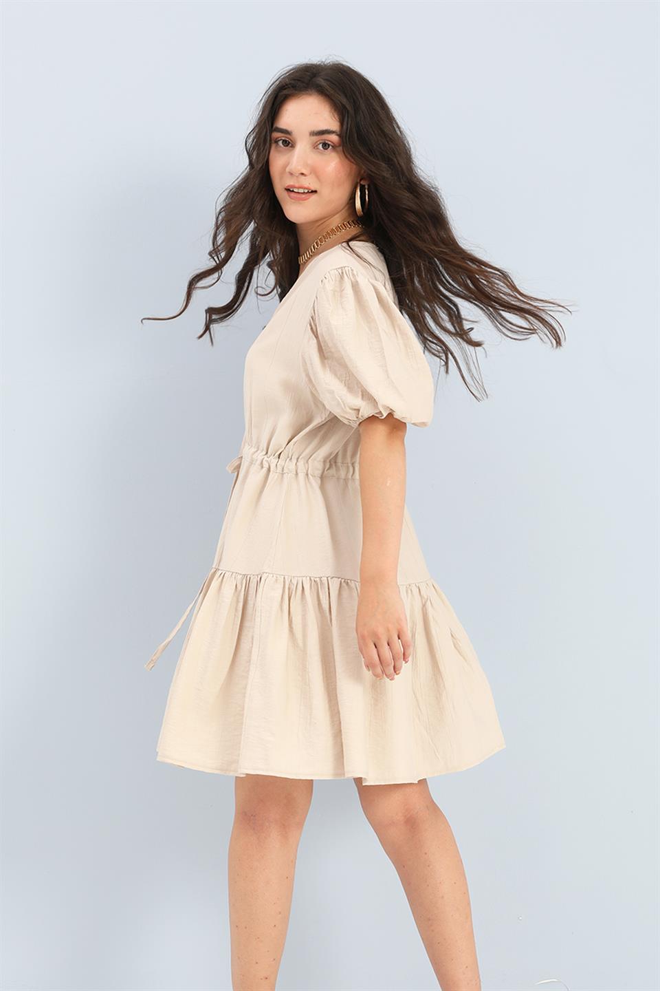 Women's Dress Balloon Sleeve Waist Pleated - Stone - STREET MODE ™