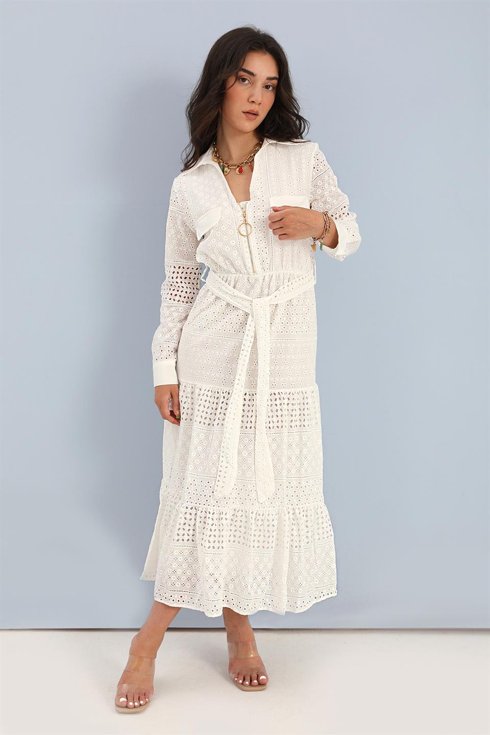 Women's Dress Zippered Long Embroidery - Ecru - STREET MODE ™