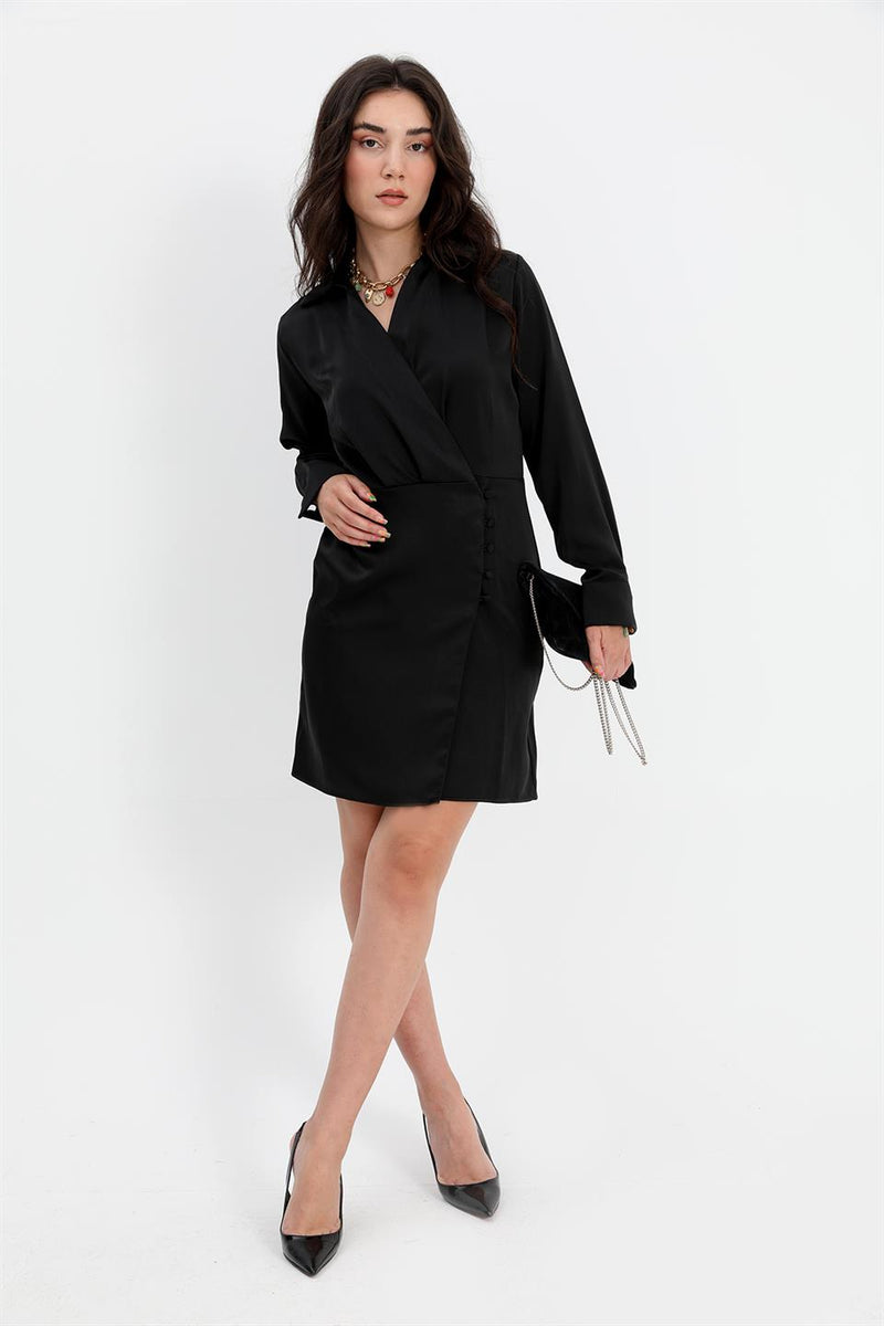 Women's Dress Double Breasted Collar Buttoned Satin - Black - STREET MODE ™