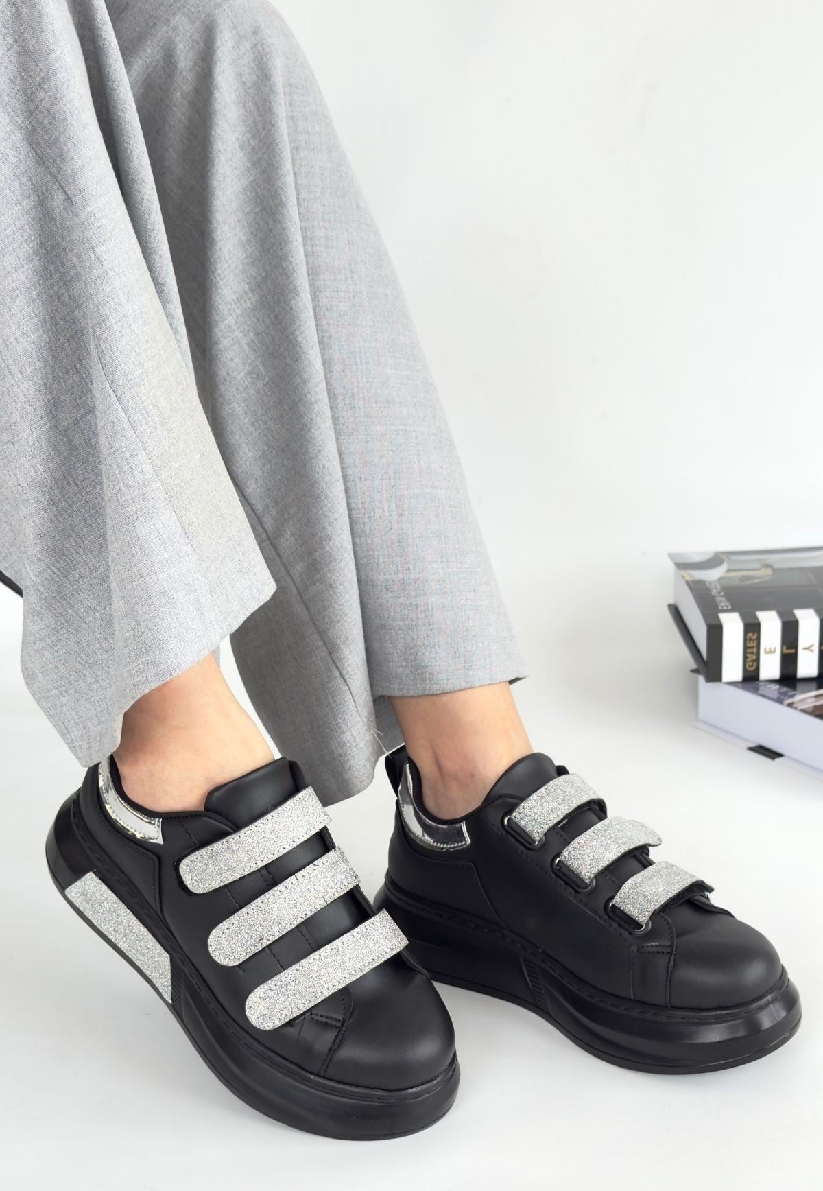 Women's Black Leather Glitter Velcro Sneakers - STREETMODE ™
