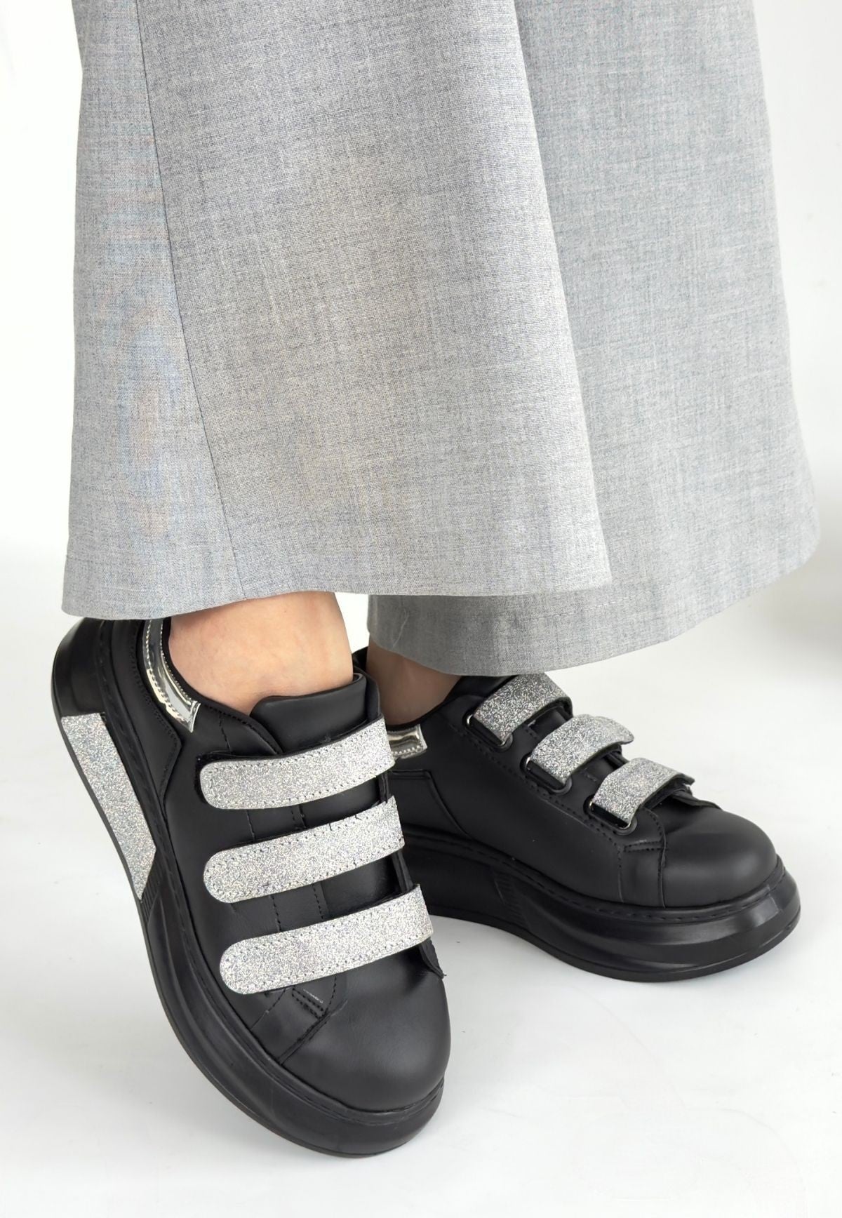 Women's Black Leather Glitter Velcro Sneakers - STREETMODE ™