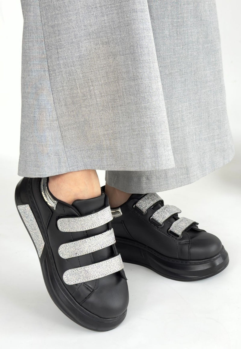 Women's Black Leather Glitter Velcro Sneakers - STREETMODE ™