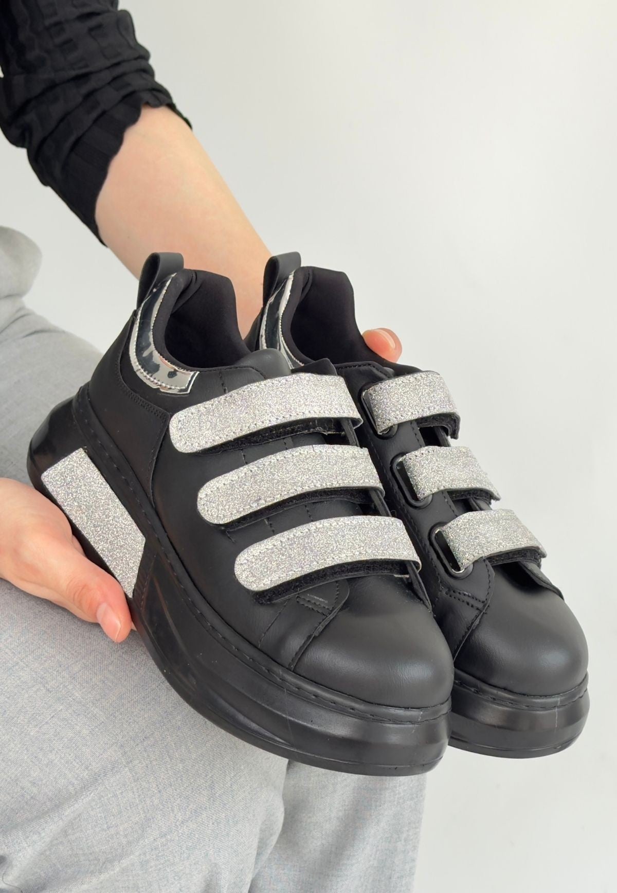 Women's Black Leather Glitter Velcro Sneakers - STREETMODE ™