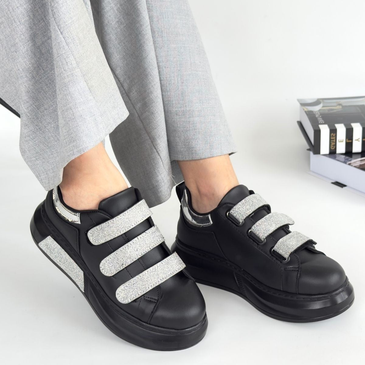 Women's Black Leather Glitter Velcro Sneakers - STREETMODE ™