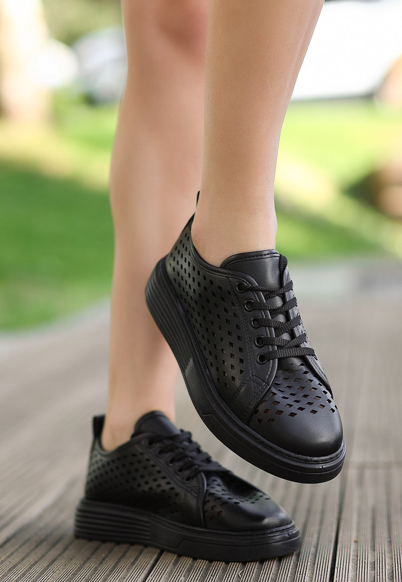 Women's Ellon Black Leather Lace-Up Sports Shoes - STREETMODE ™
