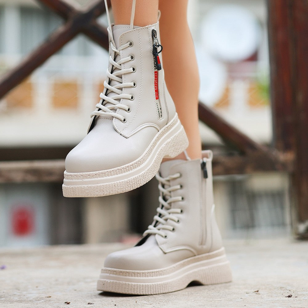 Women's Elove Beige Leather Laced Boots - STREETMODE ™