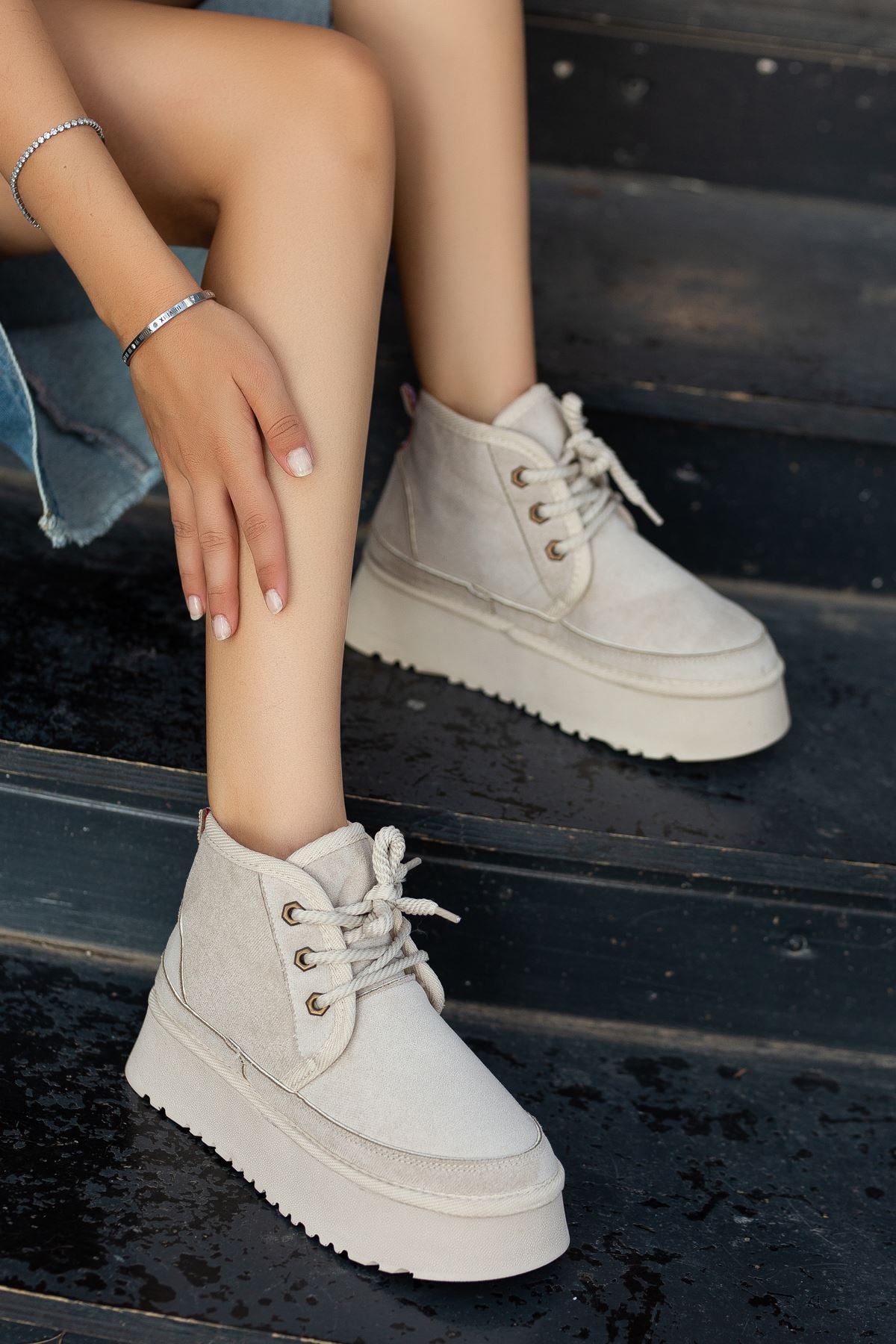 Women's Beige Suede Thick-Soled Lace-Up Ankle Boots