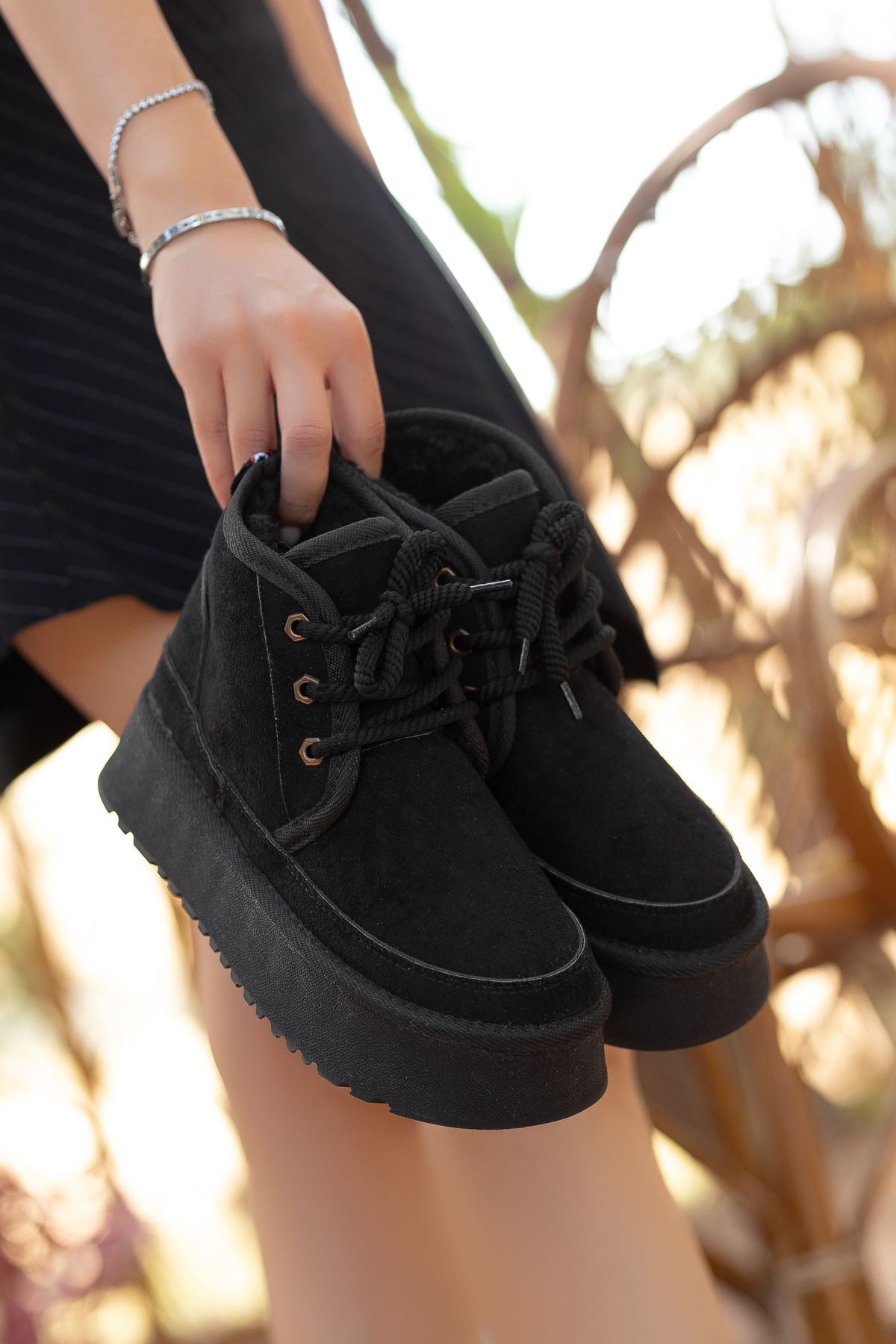 Women's Black Suede Thick-Soled Lace-Up Ankle Boots