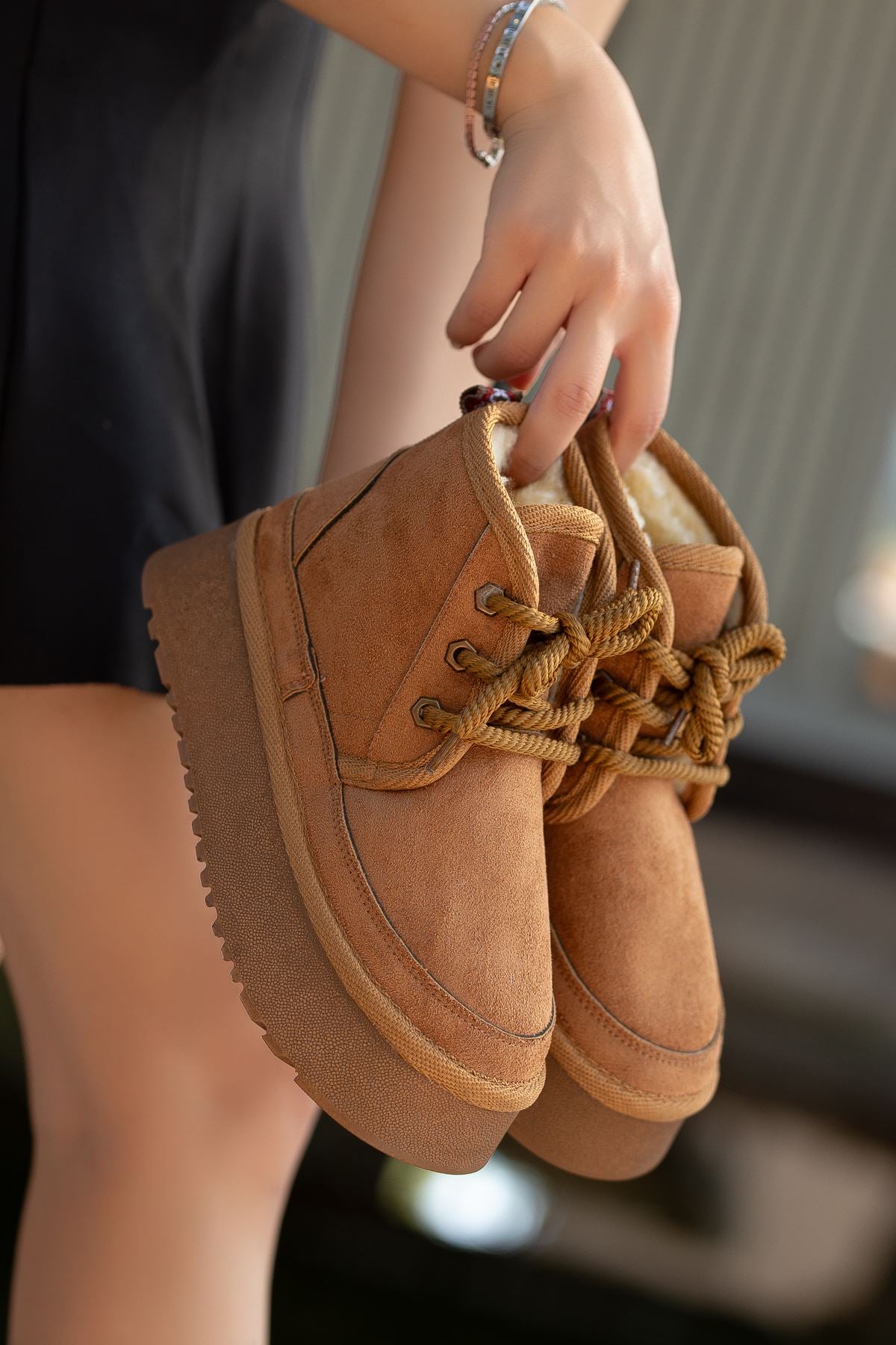 Women's Brown Suede Thick-Soled Lace-Up Ankle Boots