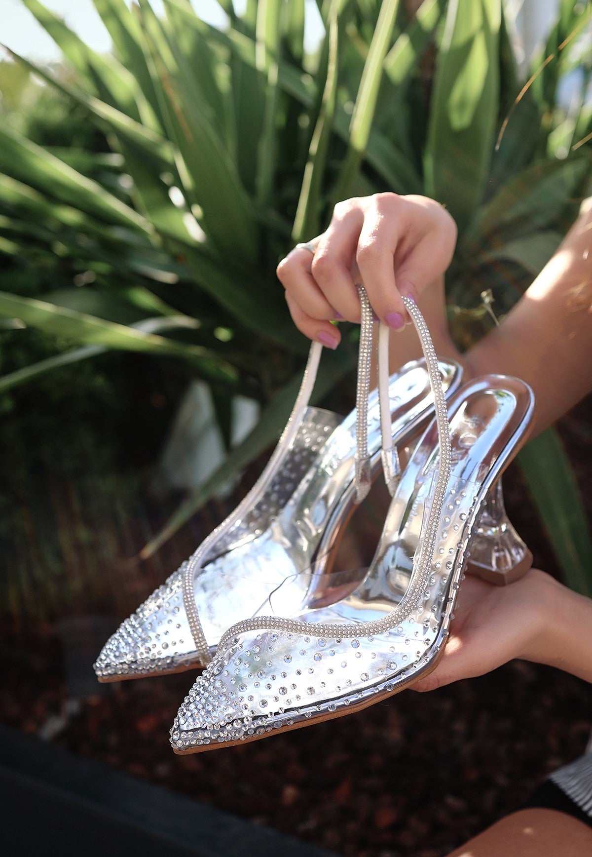 Women's Else Silver Transparent Beaded Heeled Shoes - STREETMODE ™