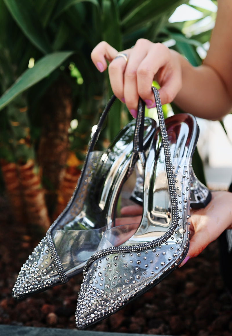 Women's Else Platinum Transparent Beaded Heeled Shoes - STREETMODE ™