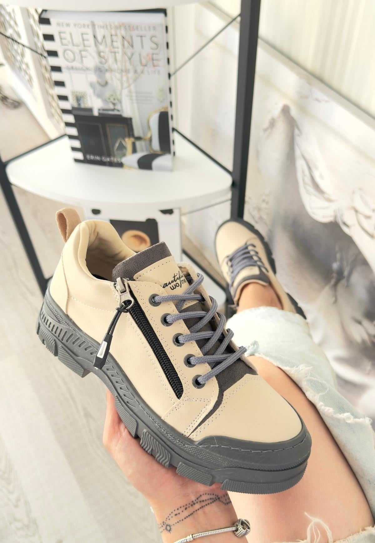 Women's Beige Skin Gray Sole Lace-Up Sneakers