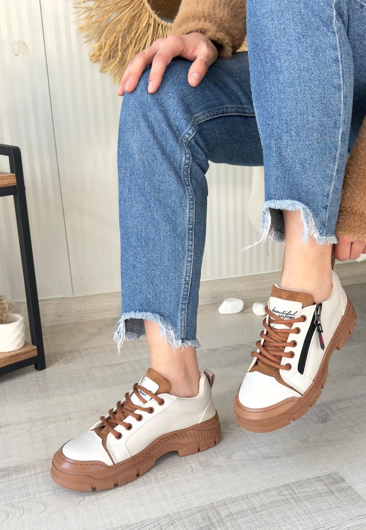 Women's Beige Leather Tan Soled Lace-Up Sneakers