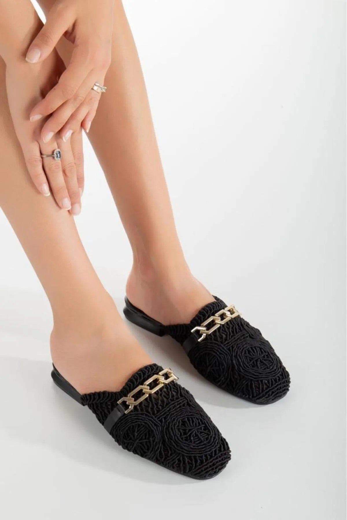 Women's Emery Black Braided Slippers - STREETMODE ™
