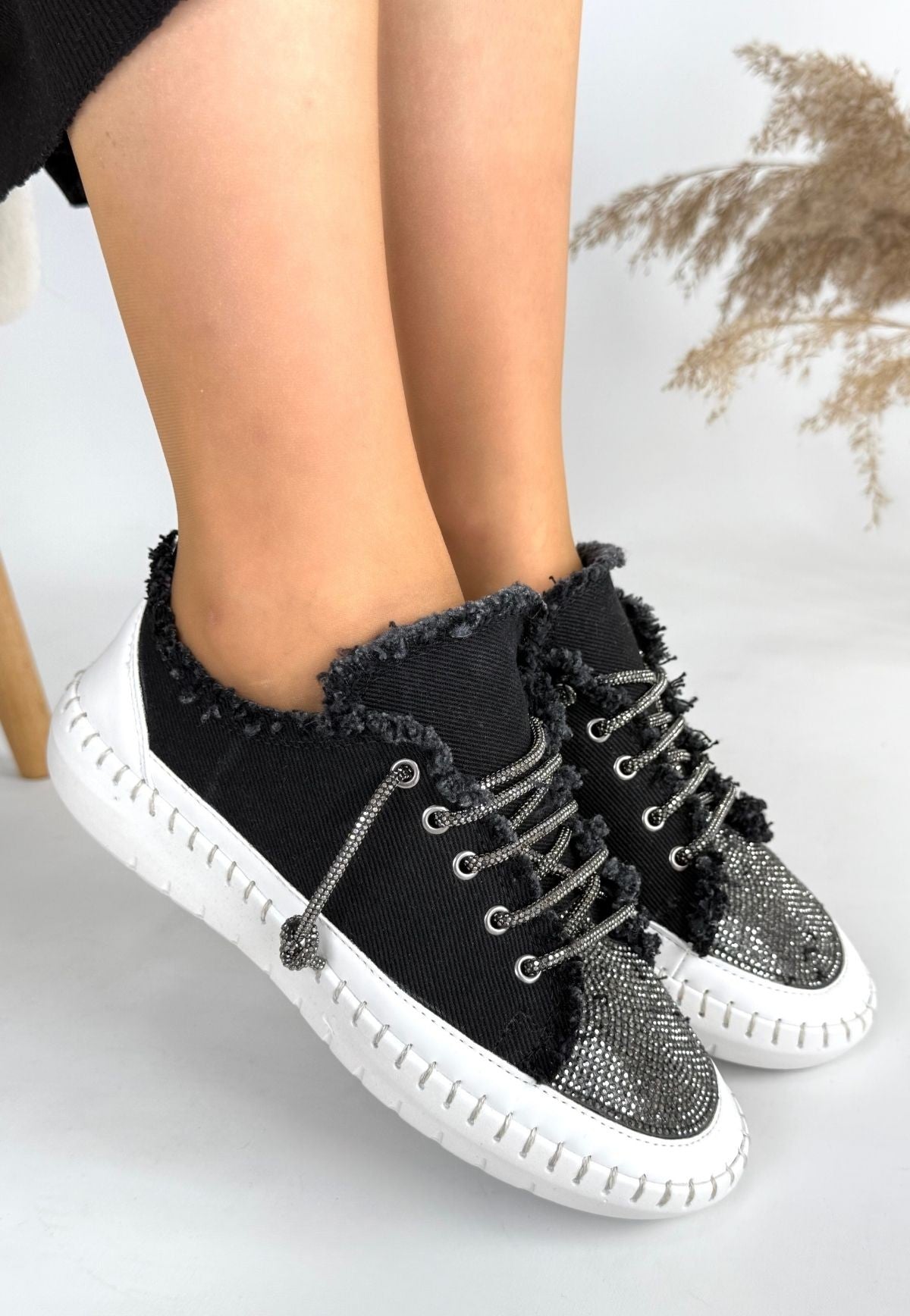 Women's Black Denim Lace-Up Sneakers