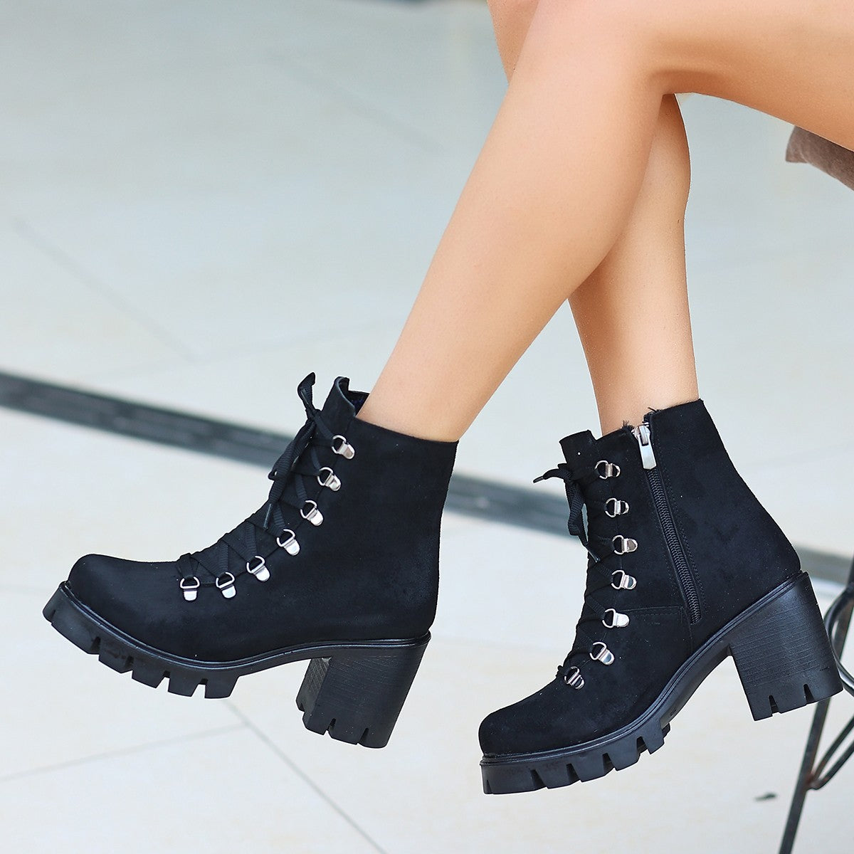 Women's Erin Black Suede Lace-up Boots - STREETMODE ™