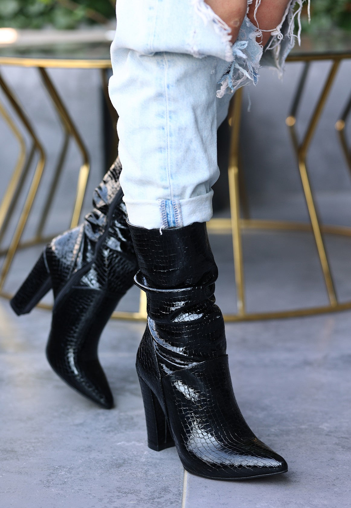 Women's Erita Black Patent Leather Patterned Heeled Boots - STREETMODE ™