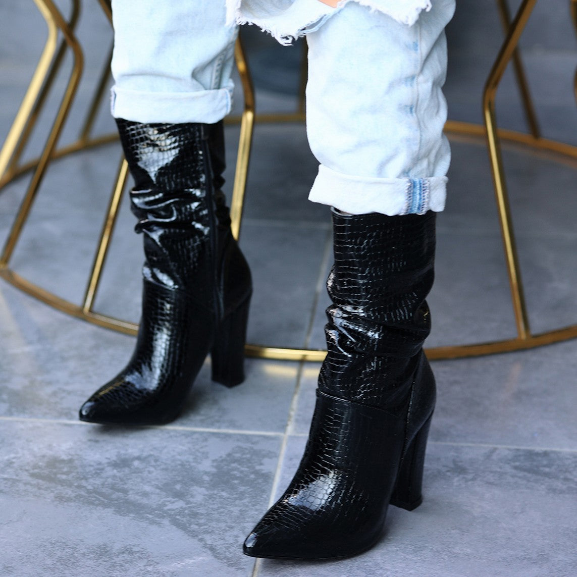Women's Erita Black Patent Leather Patterned Heeled Boots - STREETMODE ™
