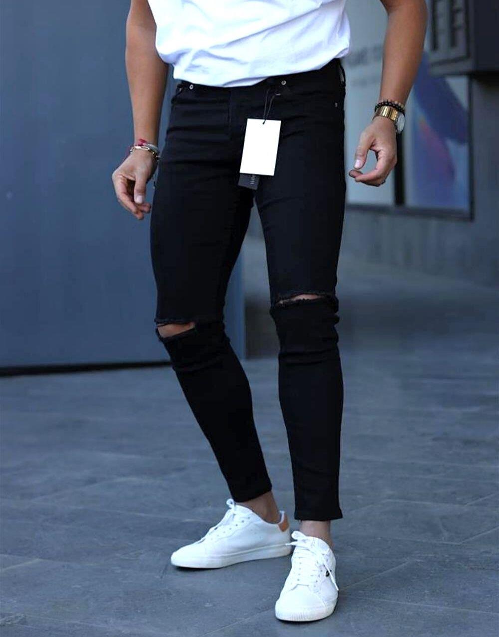 Men's Slim Fit Striped Ripped Black Jeans - STREETMODE ™