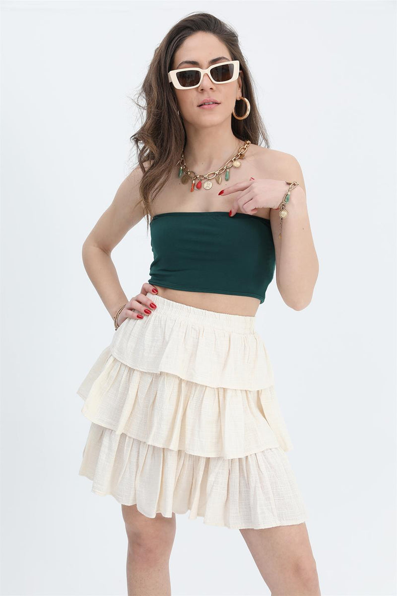 Women's Skirt Waist Elastic Ruffled Linen - Beige - STREET MODE ™